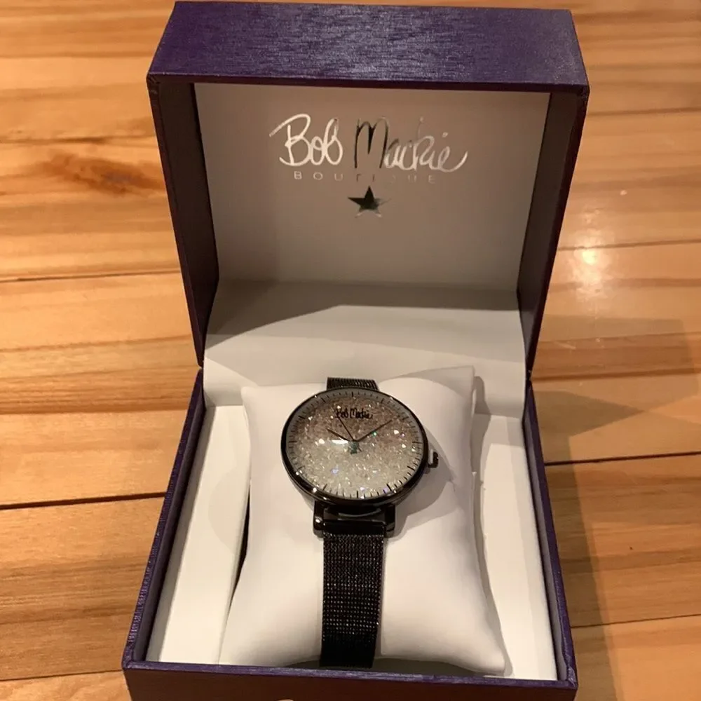 Bob Mackie Women's Black Alloy Bracelet Glitter Dial Mesh Watch 32mm. New in box